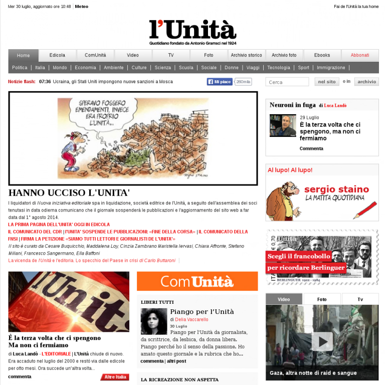 Prima pagina dell'Unità in rete, dal sito www.unita.it.