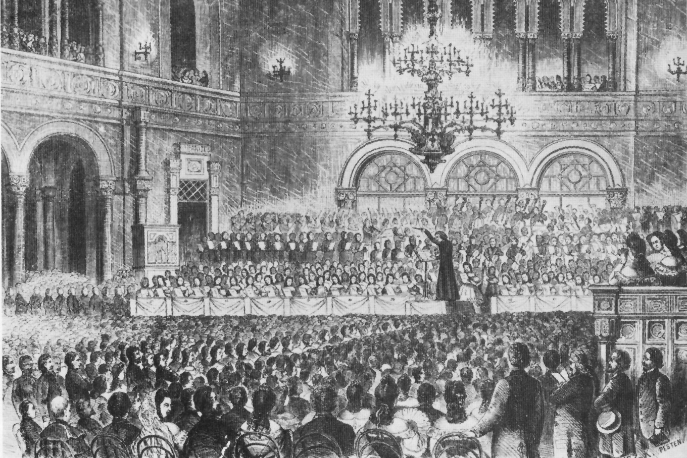 1839, Franz Liszt dirige il concerto per la raccolta di fondi per le vittime della alluvione di Pest (Vigadó Concert Hall, Pest, Ungheria; fonte: en.wikipedia.org).