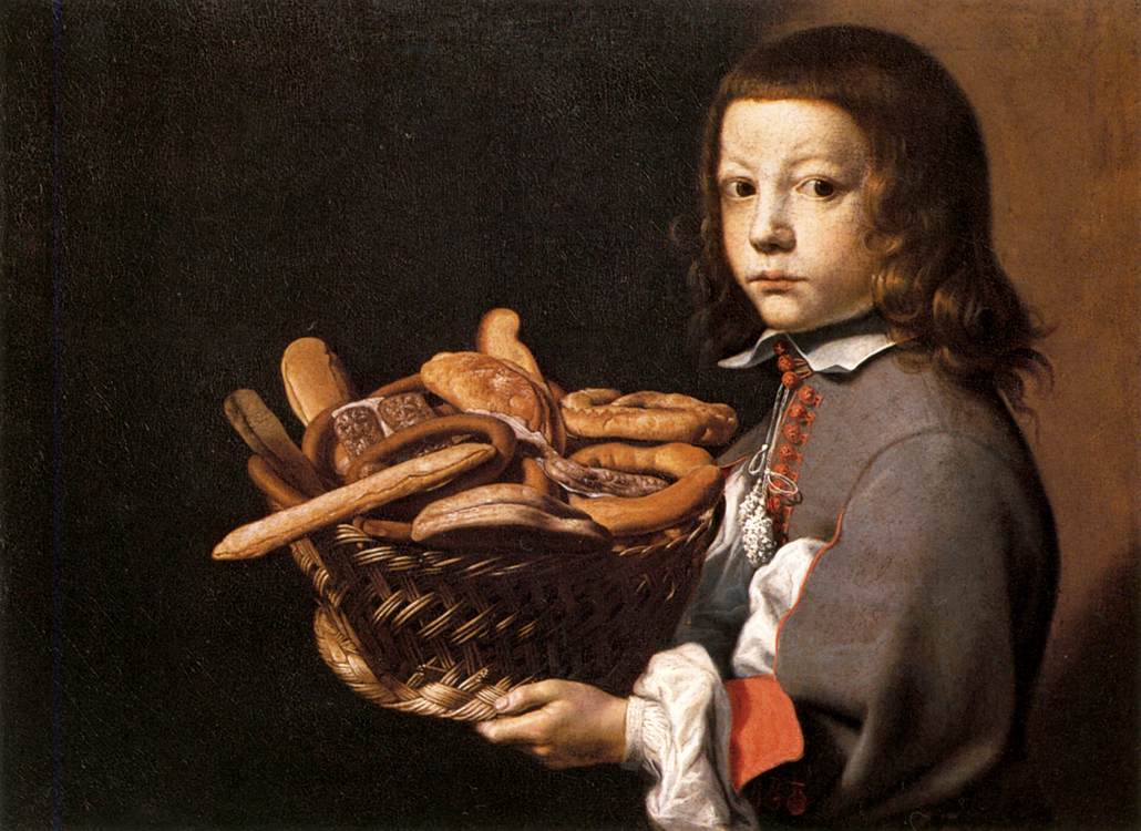 Evaristo Baschenis (Bergamo, 1617–1677), Ragazzo con un cesto di pane (1655-65, olio su tela; 53x72 cm; collezione privata; wga.hu).