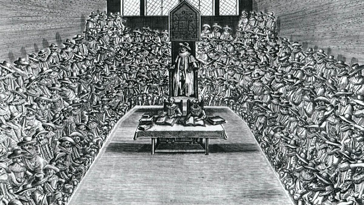 Il Parlamento inglese agli inizi del Seicento da una stampa d'epoca.