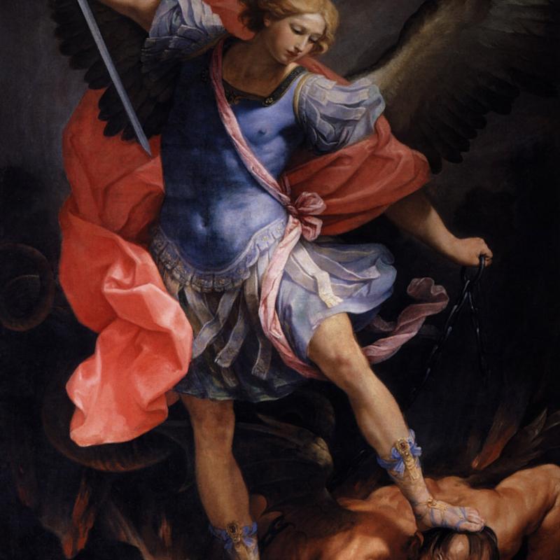 Guido Reni, San Michele sconfigge Satana (1635, Chiesa di Santa Maria Immacolata a via Veneto, Roma; fonte: commons.wikimedia.org).