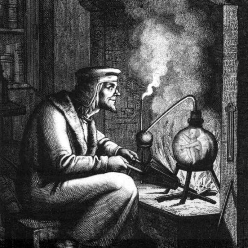 Un alchimista durante la creazione di un Omuncolo (fonte wikipedia.org).