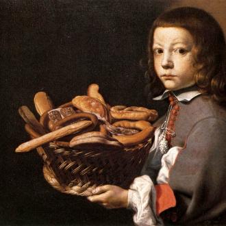 Evaristo Baschenis (Bergamo, 1617–1677), Ragazzo con un cesto di pane (1655-65, olio su tela; 53x72 cm; collezione privata; wga.hu).